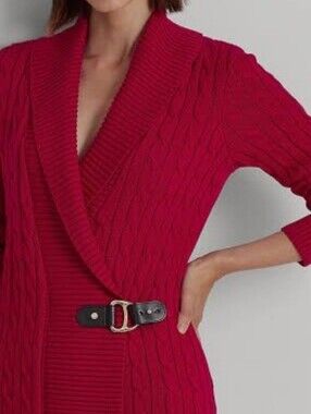 Lauren Ralph Lauren Red Cable Knit Wrap Cardigan Buckle Shawl Collar XS petite